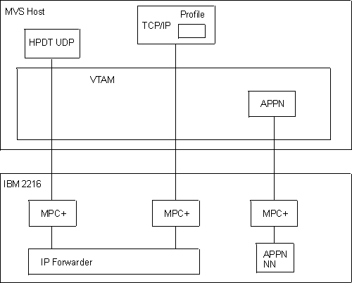 The figure shows three MPC+ Connections between a 2216 and an MVS host.